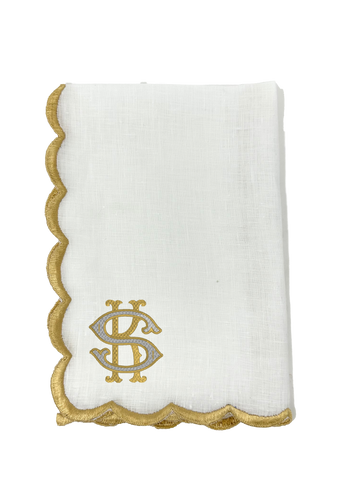 Linen Scalloped Dinner Napkin Set (4), White/Gold  Stitchmonograms   