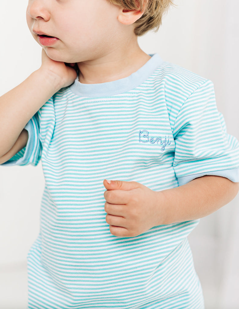 Striped Tee & Shorts Set, Light Blue Stitchmonograms