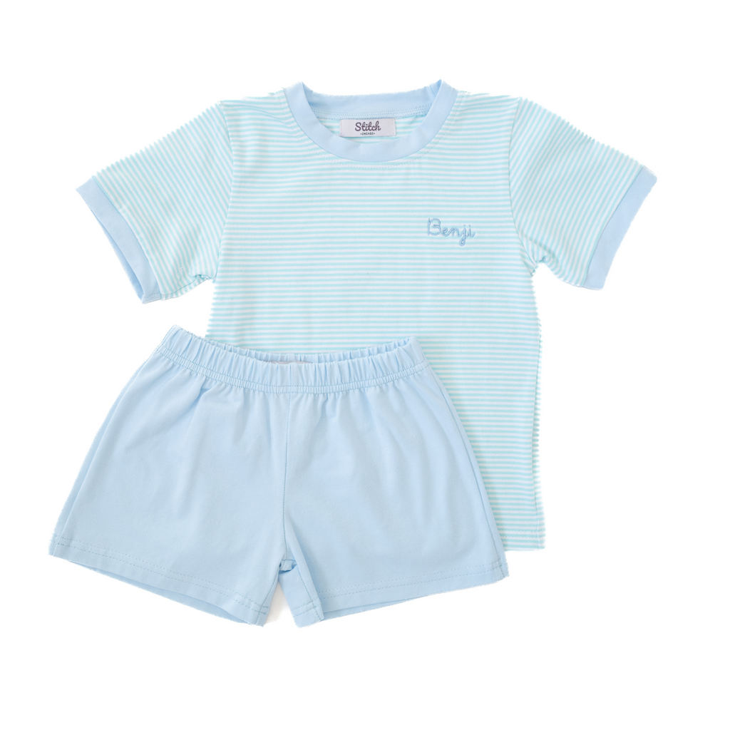 Striped Tee & Shorts Set, Light Blue Stitchmonograms