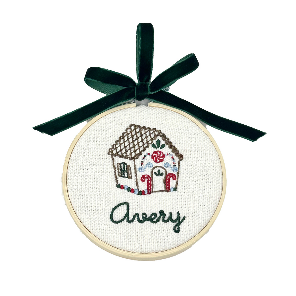 Custom Embroidered Linen Ornament, Gingerbread House  Stitchmonograms   