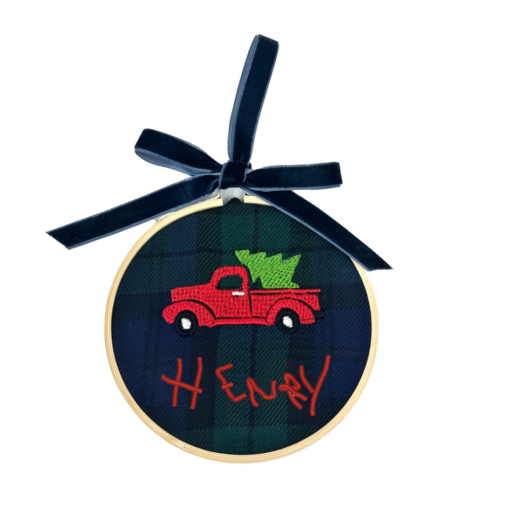 Custom Child's Signature Holiday Truck Ornament, Blackwatch Plaid  Stitchmonograms   