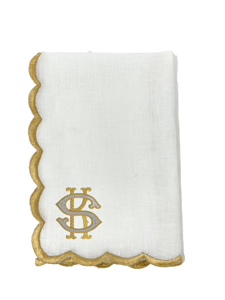 Linen Scalloped Dinner Napkin Set (4), White/Gold  Stitchmonograms   