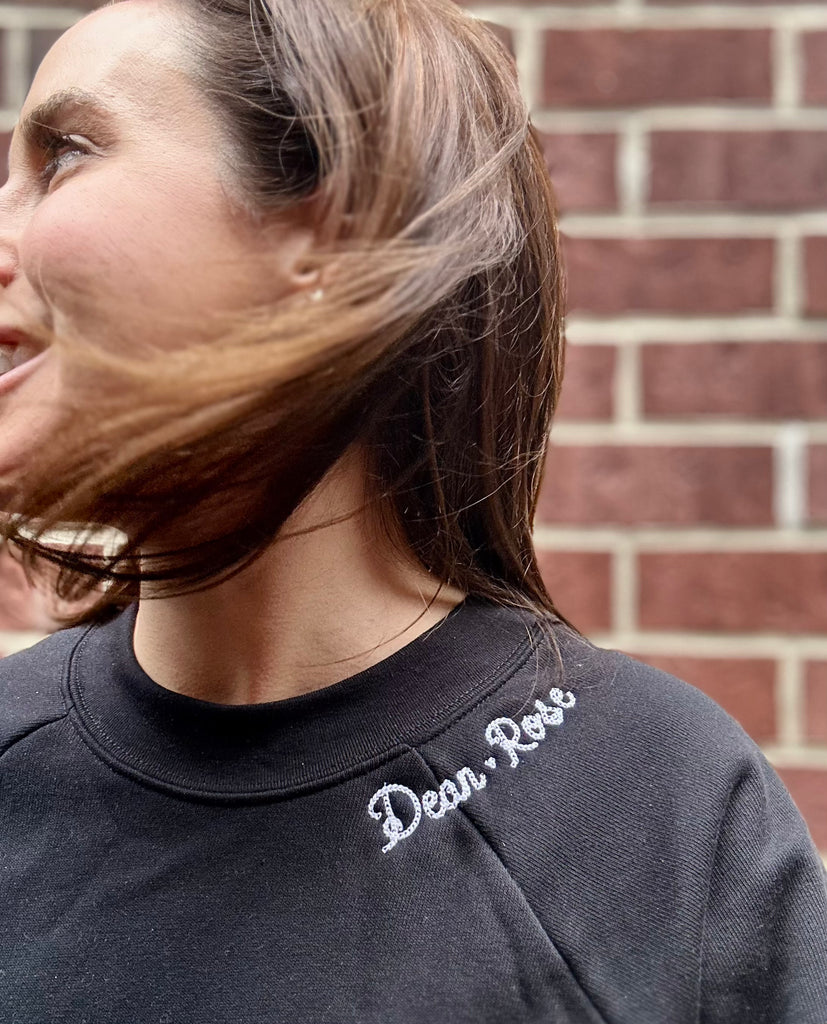 Women's Cropped Icon Sweatshirt with Neckline Embroidery, Black Stitchmonograms