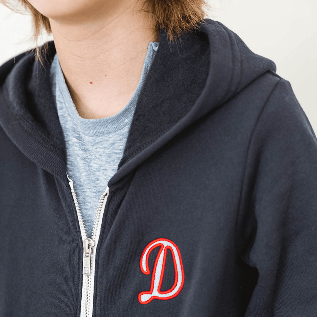 Hooded Zip-Up Sweatshirt Retro Initial, Navy  Stitchmonograms   