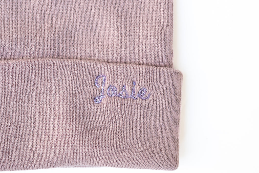 Custom Embroidered Beanie with Glitter, Mauve  Stitchmonograms   
