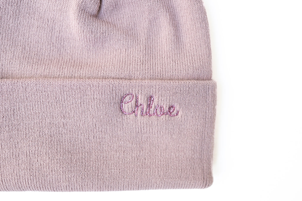 Custom Embroidered Beanie with Glitter, Mauve  Stitchmonograms   