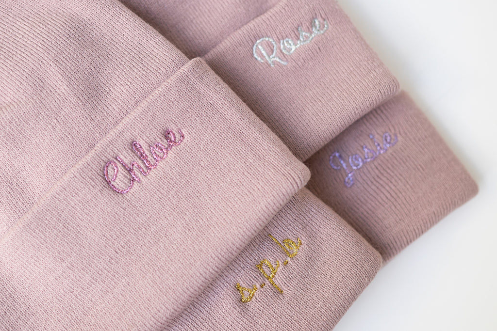 Custom Embroidered Beanie with Glitter, Mauve  Stitchmonograms   
