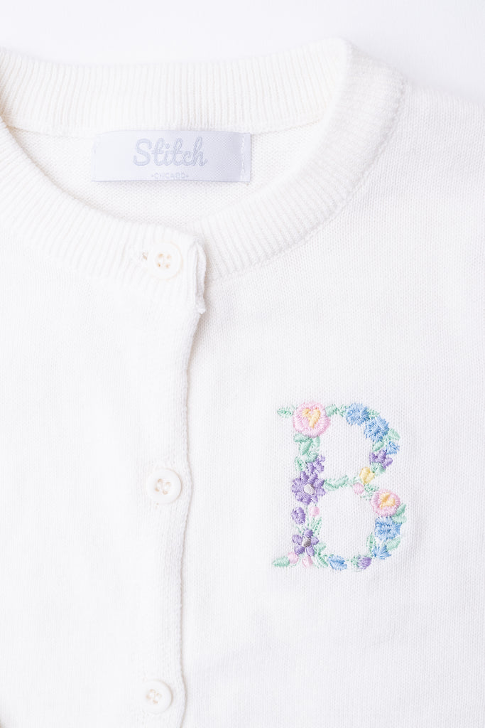 Girls Cardigan with Floral Initial, Cream  Stitchmonograms   