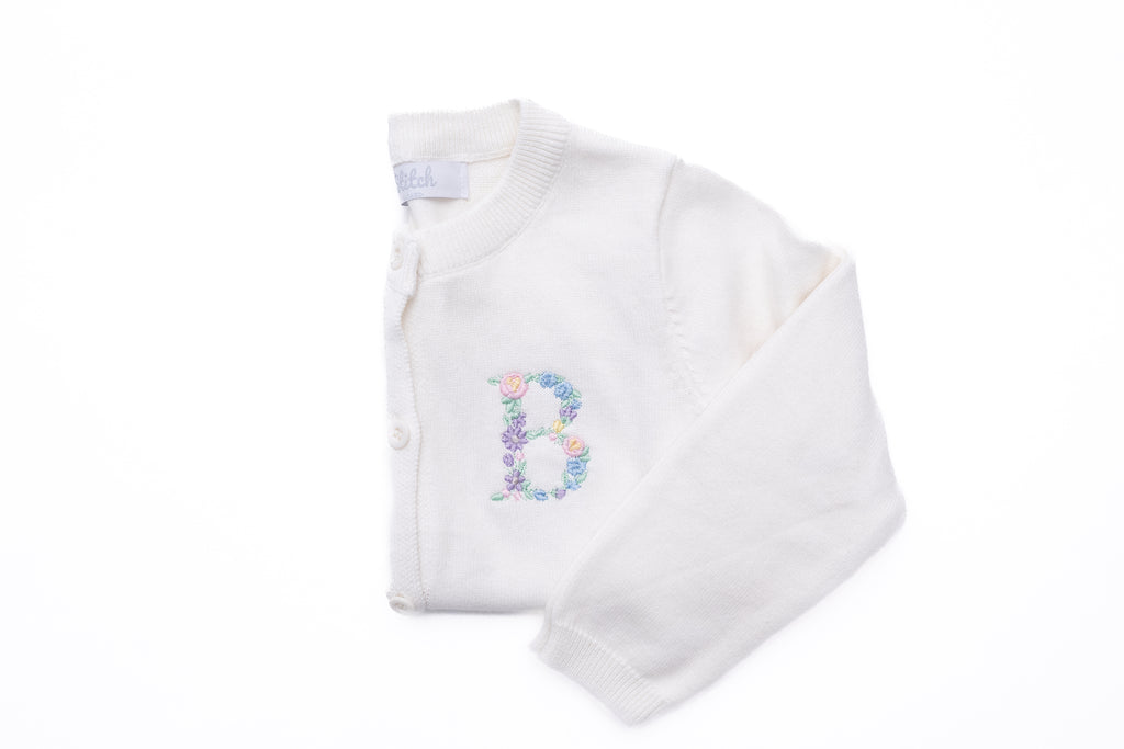 Girls Cardigan with Floral Initial, Cream  Stitchmonograms   