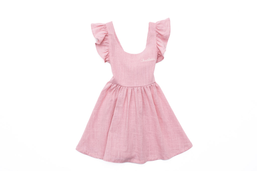 Custom Embroidered Girls Sleeveless Linen Dress, Pink  Stitchmonograms   